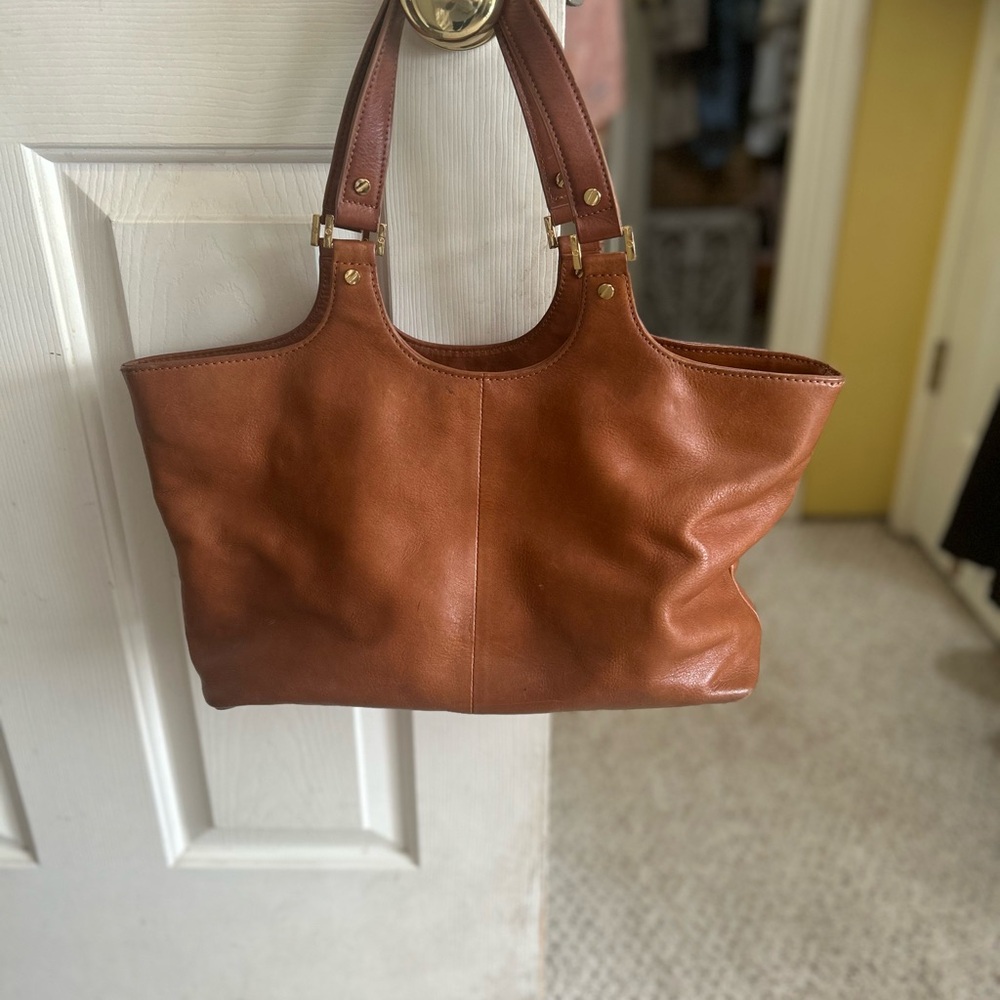 Tory Burch Chestnut Leather Embossed Logo Tote - Picture 2 of 6